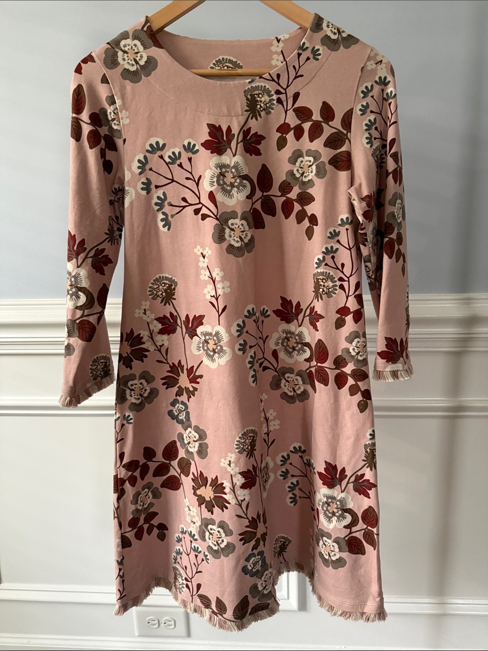 Spartina Pink Floral Knit Dress Fringe Hem 3/4 Sleeve Boho Cottagecore S Small
